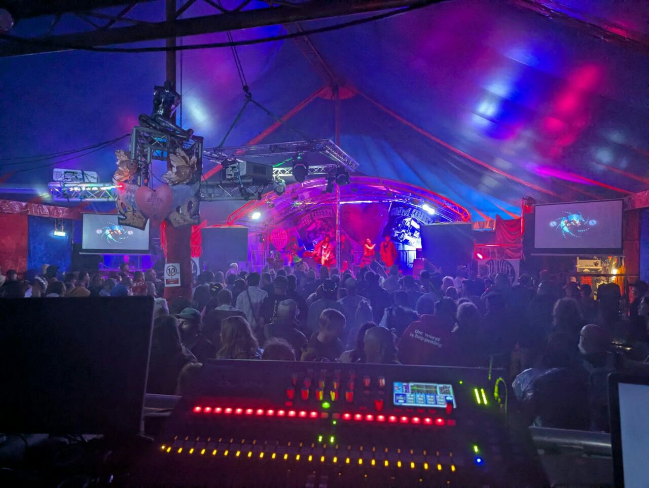 Crowded dancefloor as seen from the sound engineer as Papa Gumbo plays
